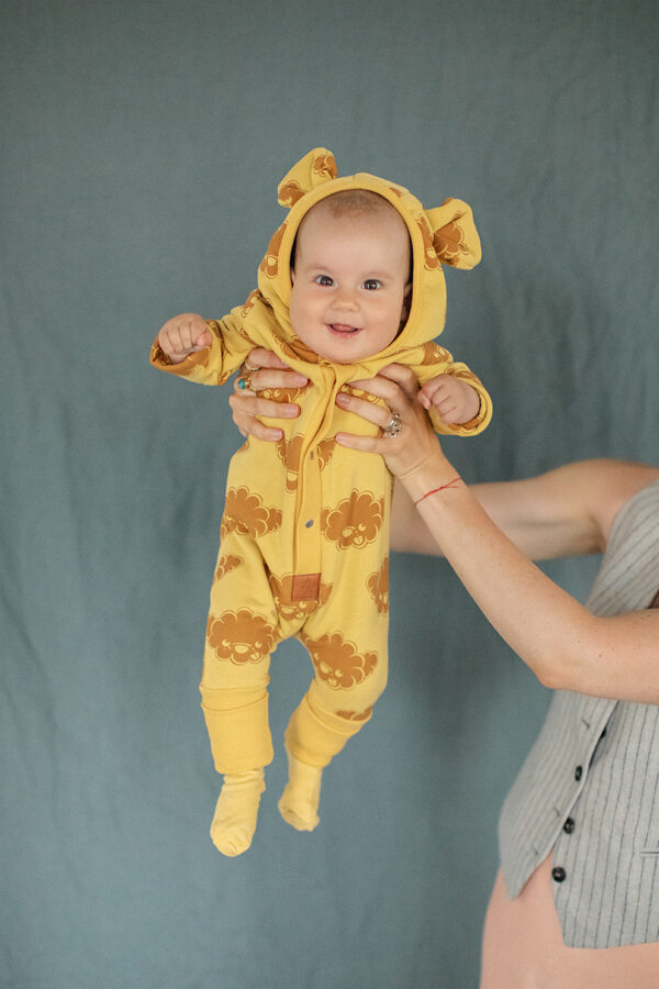 Eared Jumpsuit for Babies and Kids – Yellow with Clouds