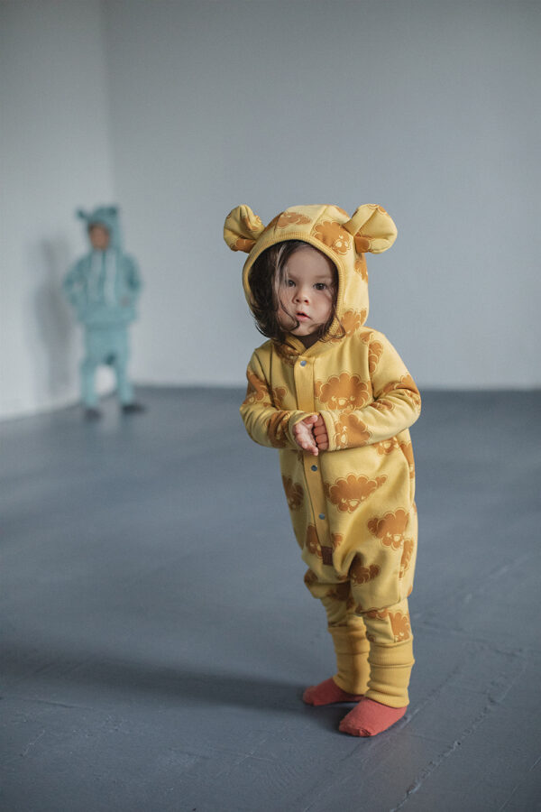 Eared Jumpsuit for Babies and Kids – Yellow with Clouds