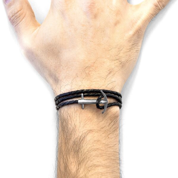 Admiral Anchor Silver and Braided Leather Bracelet – Coal Black