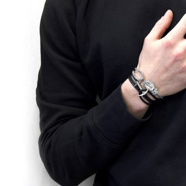Admiral Anchor Silver and Braided Leather Bracelet – Coal Black