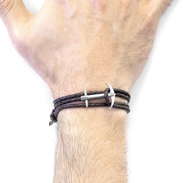 Admiral Anchor Silver and Braided Leather Bracelet – Dark Brown