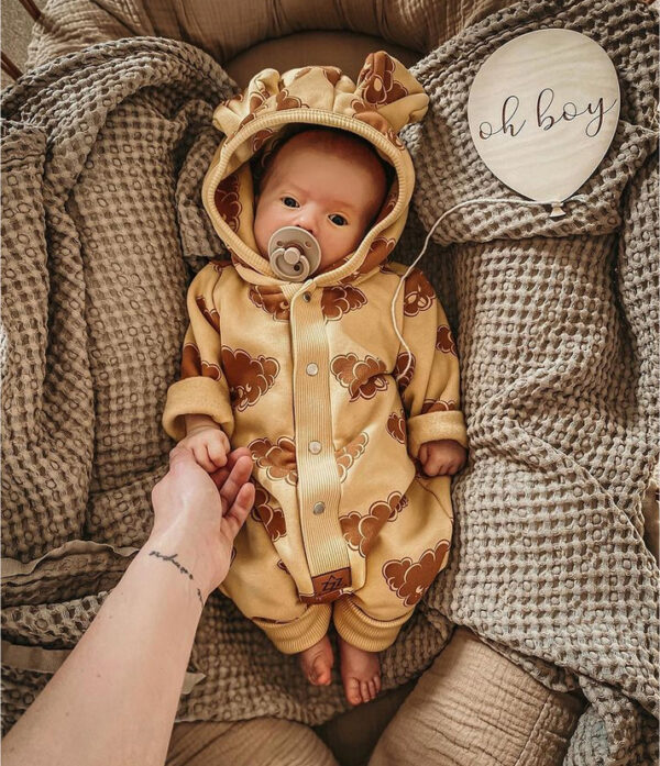 Eared Jumpsuit for Babies and Kids – Yellow with Clouds