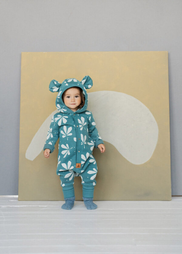 Eared Jumpsuit for Babies and Kids – Chestnut Leaves on Green