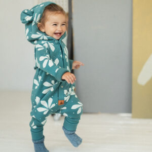 Eared Jumpsuit for Babies and Kids – Chestnut Leaves on Green