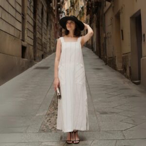 Linen Fugue Dress – Milk White with Grey Stripe