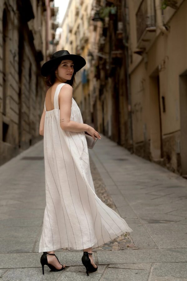 Linen Fugue Dress – Milk White with Grey Stripe