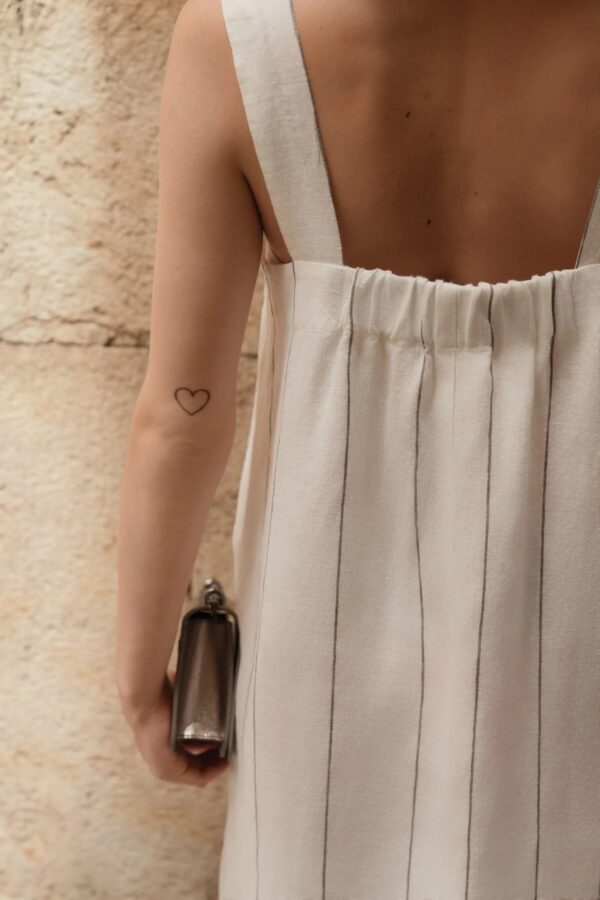 Linen Fugue Dress – Milk White with Grey Stripe