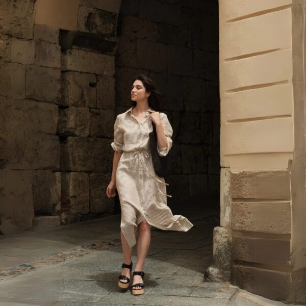 Linen Rhapsody Dress – Bronze White Stripes