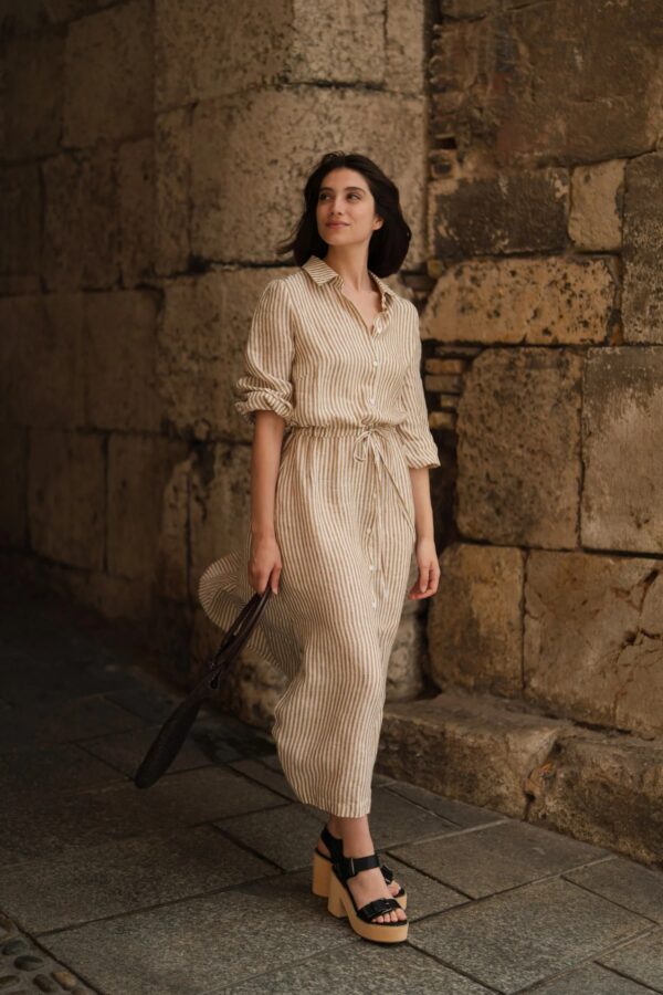 Linen Rhapsody Dress – Bronze White Stripes