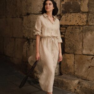 Linen Rhapsody Dress – Bronze White Stripes