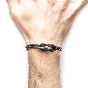 Padstow Silver and Braided Leather Bracelet – Dark Brown
