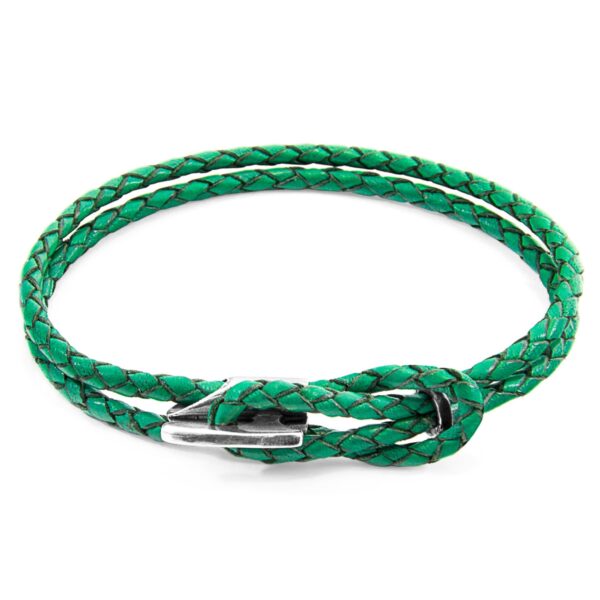 Padstow Silver and Braided Leather Bracelet – Fern Green