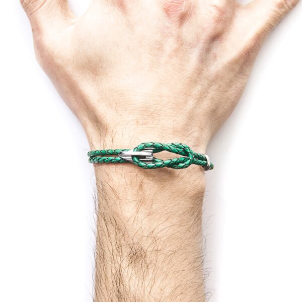 Padstow Silver and Braided Leather Bracelet – Fern Green