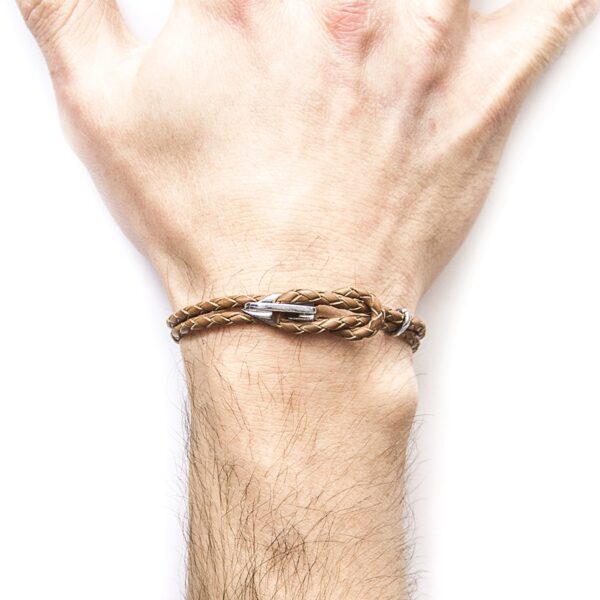 Padstow Silver and Braided Leather Bracelet – Light Brown