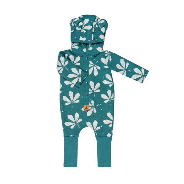 Eared Jumpsuit for Babies and Kids – Chestnut Leaves on Green