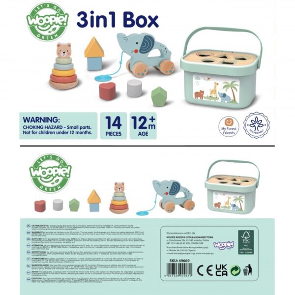 3in1 Toy Box – Sorting Blocks, Stackable Pyramid and Elephant On Wheels