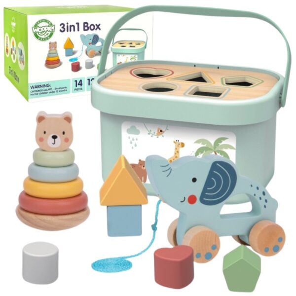 3in1 Toy Box – Sorting Blocks, Stackable Pyramid and Elephant On Wheels