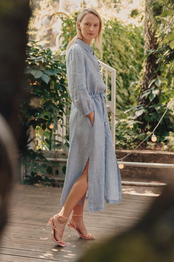 Linen Rhapsody Dress – Blue White Stripes