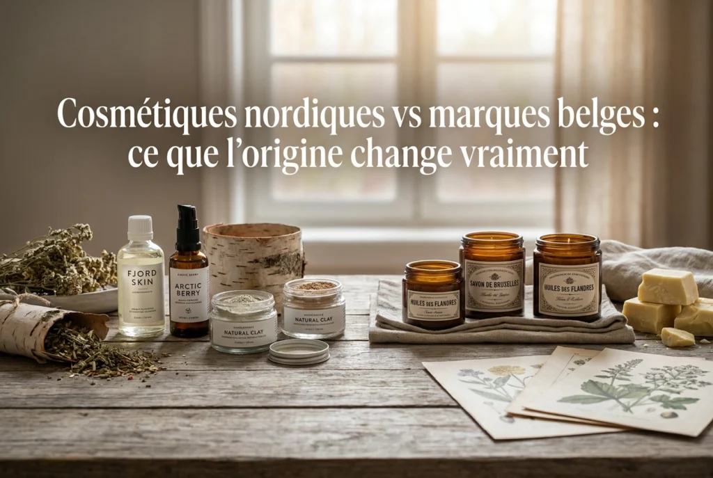 Professional header image for comparison analysis: Cosmétiques nordiques vs marques belges : ce que l'origin...