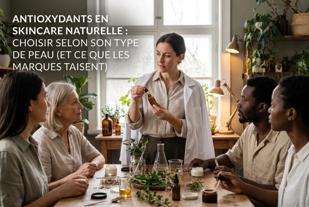 Professional header image for list-based article: Antioxydants en skincare naturelle : choisir selon son ty...