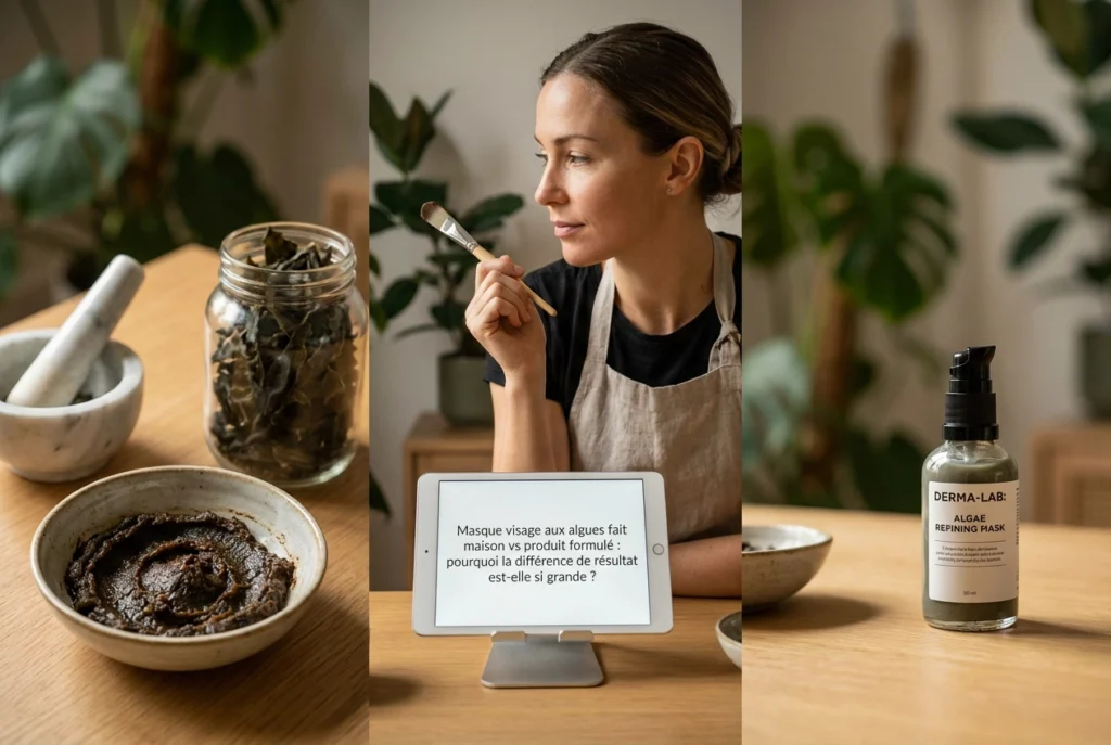 Professional header image for comparison analysis: Masque visage aux algues fait maison vs produit formulé :...