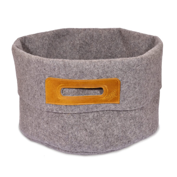 Wool Felt Storage Basket with Leather Handles – Grey/Cognac, 24 L