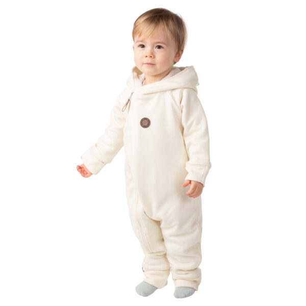 Bear-Ear Cotton-Lined Merino Wool Baby Overall – White
