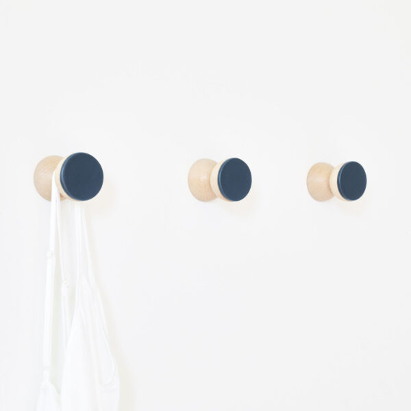 Beech Wood & Ceramic Wall Hook / Knob – Dark Blue