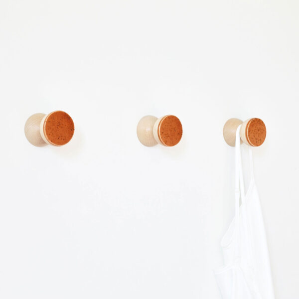 Beech Wood & Ceramic Wall Hook / Knob – Terracotta Orange Specks
