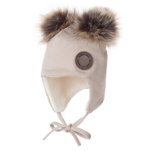 Beige Merino Wool Baby Hat with Faux-Fur Pompoms