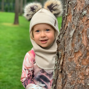 Beige Merino Wool Double Pom-Pom Balaclava