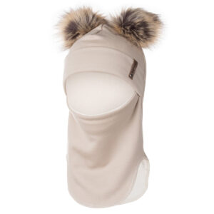 Beige Merino Wool Double Pom-Pom Balaclava