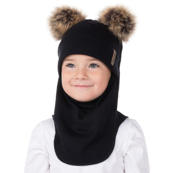 Black Merino Wool Double Pom-Pom Balaclava
