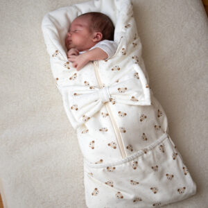 Bow Baby Sleeping Bag & Blanket – Beige / White, 0–6 Months