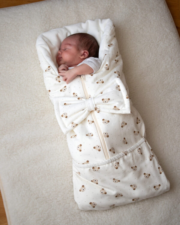 Bow Baby Sleeping Bag & Blanket – Beige / White, 0–6 Months