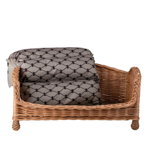 Erivia Wicker Pet Basket – 64 × 42 cm, Grey & Black Cushion