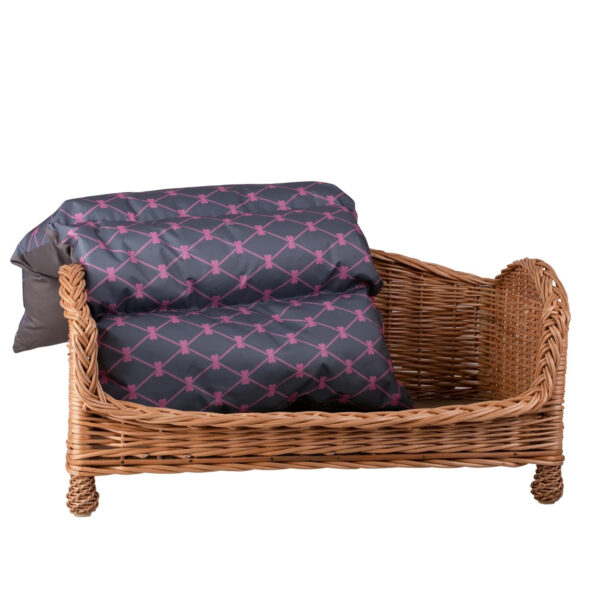 Erivia Wicker Pet Basket – 54 × 32 cm, Grey & Pink Cushion