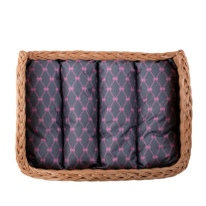 Erivia Wicker Pet Basket – 54 × 32 cm, Grey & Pink Cushion