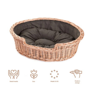 Esmira Wicker Dog Bed with Brown Dot Cushion – 85 × 67 cm