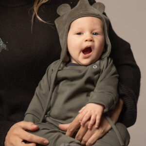 Khaki Green Cotton Velvet Baby Hat with Merino Wool Lining