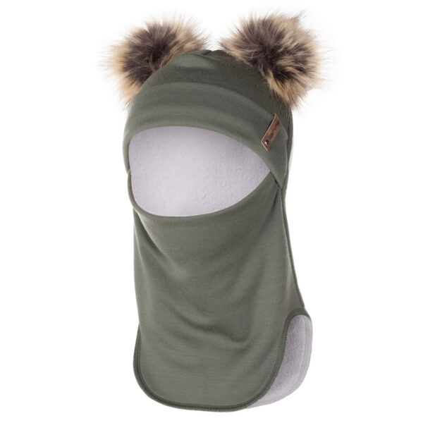 Khaki Green Merino Wool Double Pom-Pom Balaclava