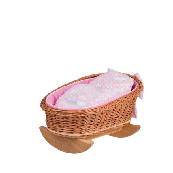 Mimi Wicker Rocking Doll Cradle – Pink Bedding