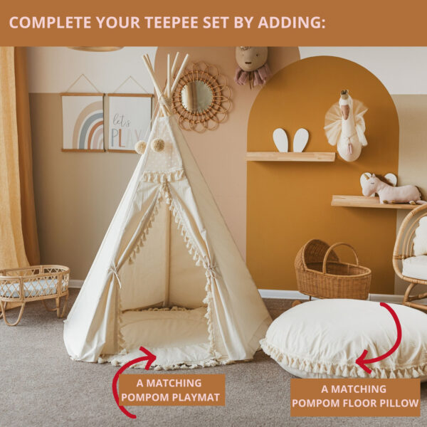 Boho Kids Teepee with Tassels – Ecru, 165 cm