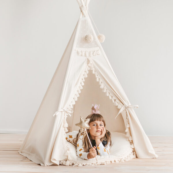 Boho Kids Teepee with Tassels – Ecru, 165 cm