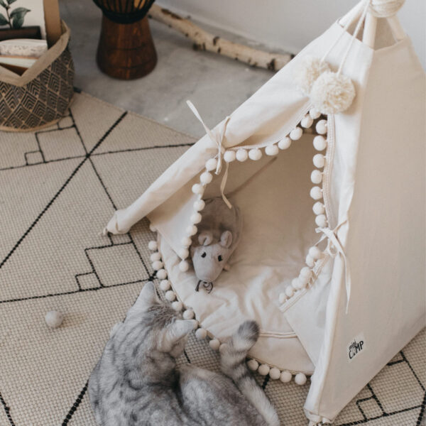 Pet Teepee with Pompoms & Padded Mat – Ecru, Size S