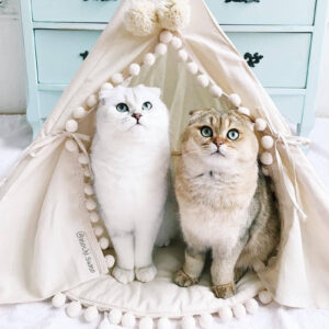 Pet Teepee with Pompoms & Padded Mat – Ecru, Size S
