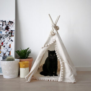 Pet Teepee with Pompoms & Padded Mat – Ecru, Size S