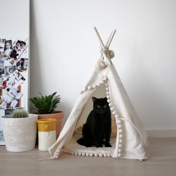 Pet Teepee with Pompoms & Padded Mat – Ecru, Size S