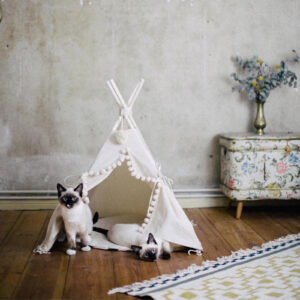 Pet Teepee with Pompoms & Padded Mat – Ecru, Size S
