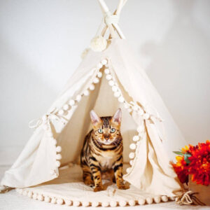 Pet Teepee with Pompoms & Padded Mat – Ecru, Size S